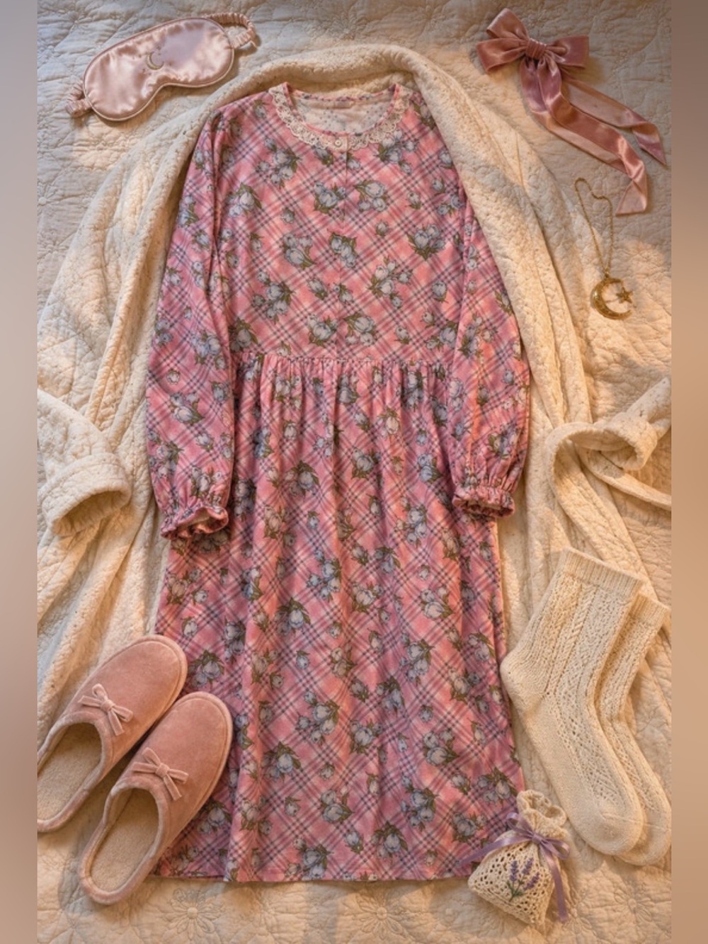 Vintage Sears 80s Pink Plaid Floral Flannel Nightgown Medium Cottagecore
